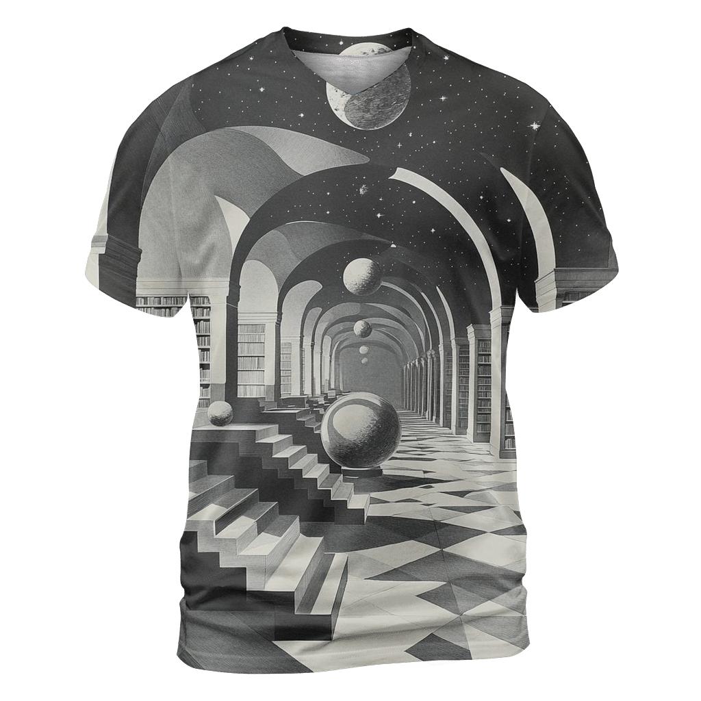 M C Escher Inspired Library Of Impossible Planets unique graphic print tees
