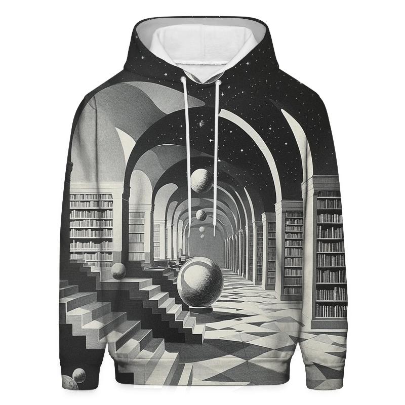 M C Escher Inspired Library Of Impossible Planets pullover hoodies