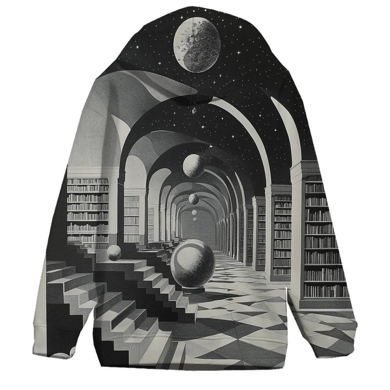 M C Escher Inspired Library Of Impossible Planets pullover hoodies