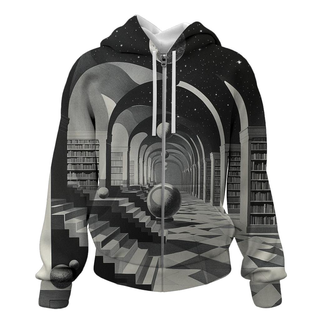 M C Escher Inspired Library Of Impossible Planets embroidered hoodies