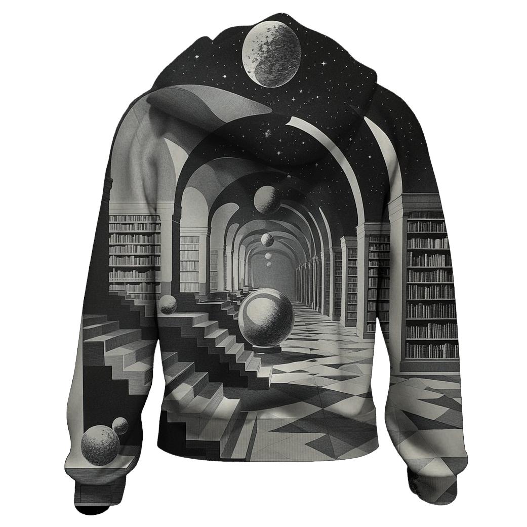 M C Escher Inspired Library Of Impossible Planets embroidered hoodies