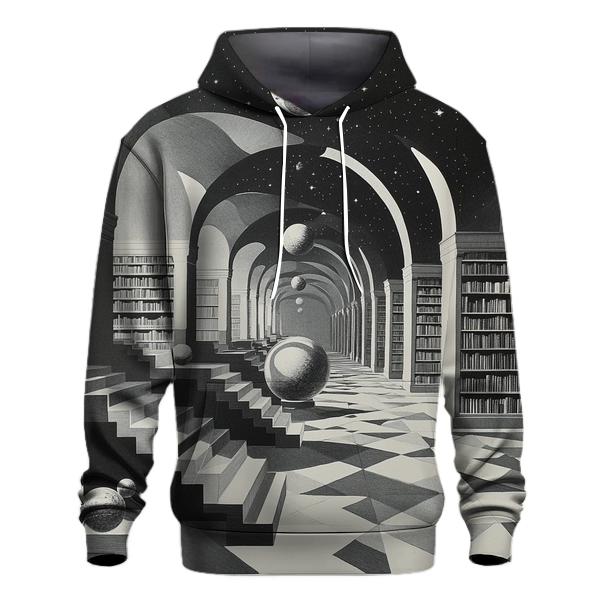 M C Escher Inspired Library Of Impossible Planets embroidered hoodies