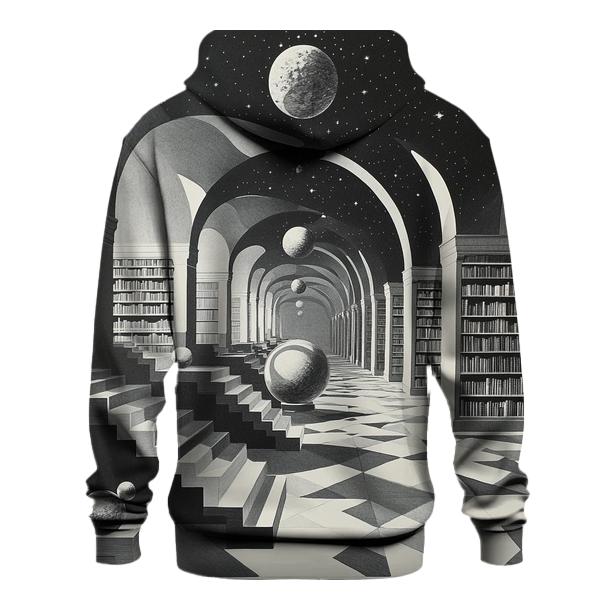 M C Escher Inspired Library Of Impossible Planets embroidered hoodies