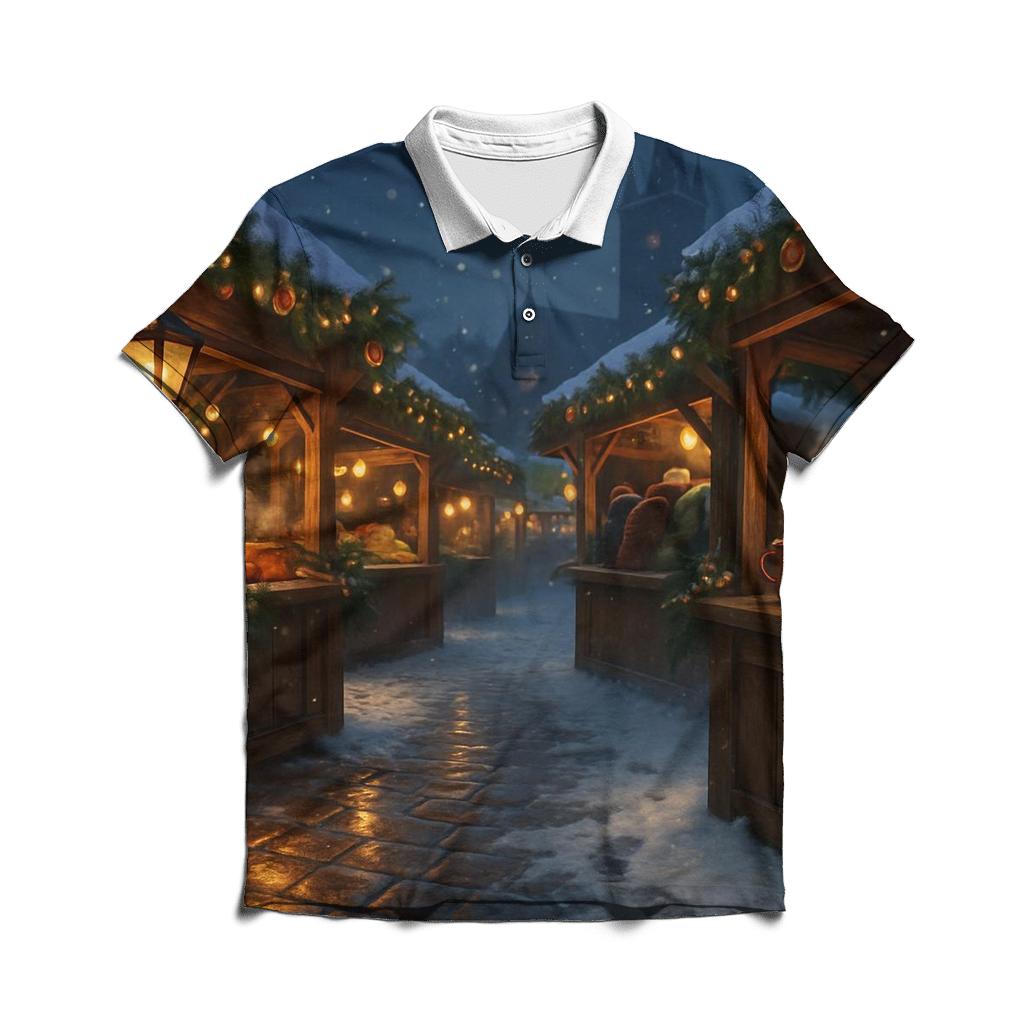 Snowy Christmas Market Under Starry Lanterns stylish collar polo tees