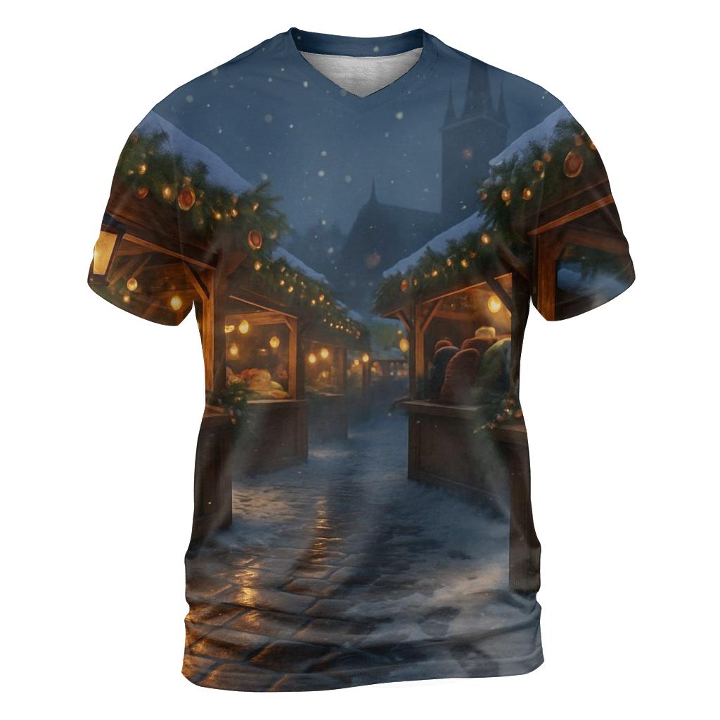 Snowy Christmas Market Under Starry Lanterns statement graphic shirts