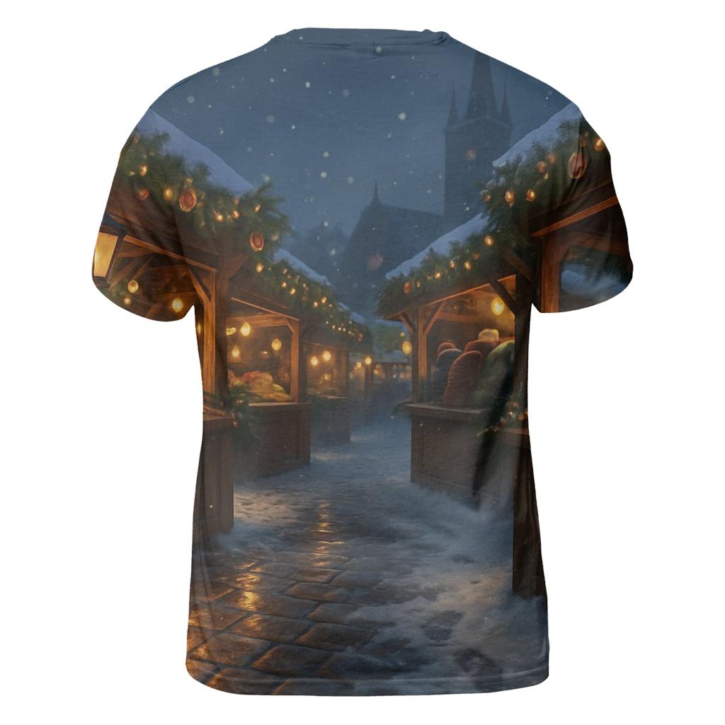 Snowy Christmas Market Under Starry Lanterns statement graphic shirts