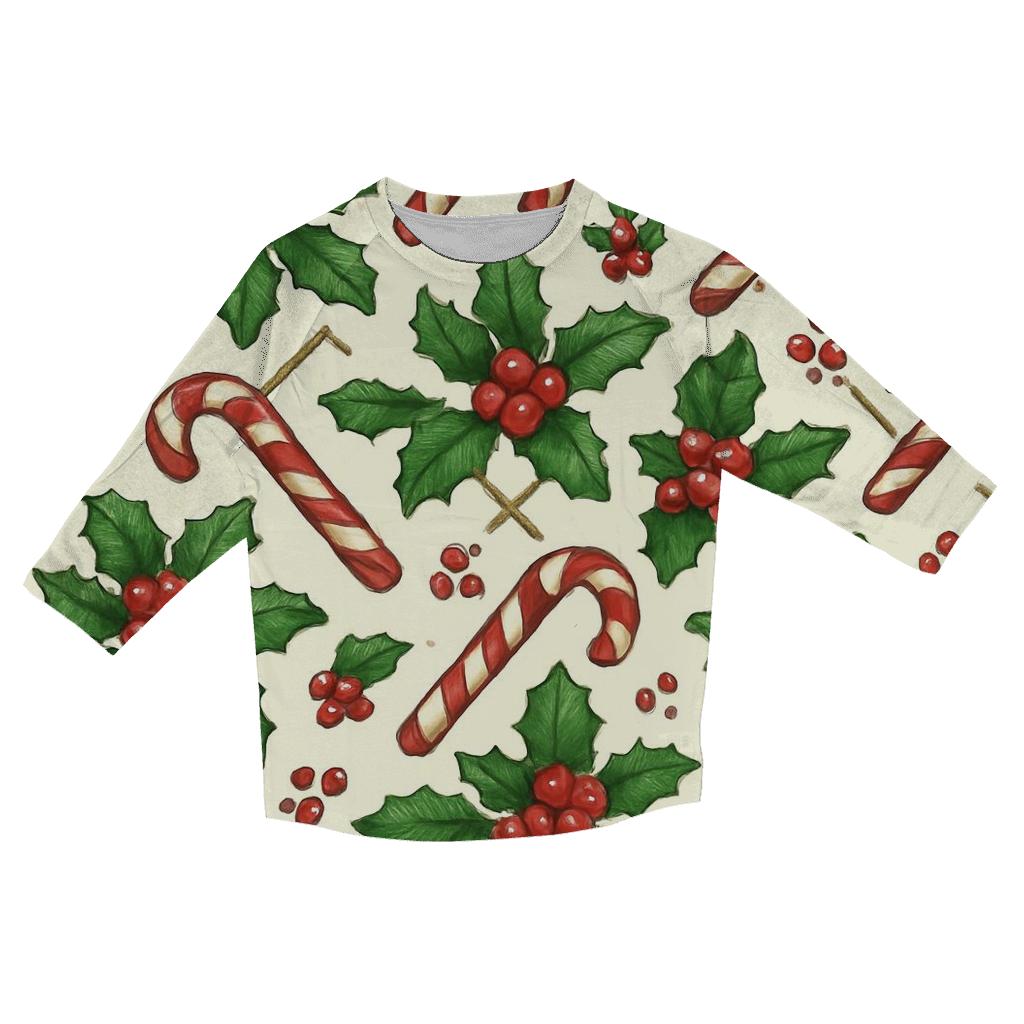 Crimson Holly And Candy Cane Lattice On Ivory Background custom 3/4 sleeve shirts