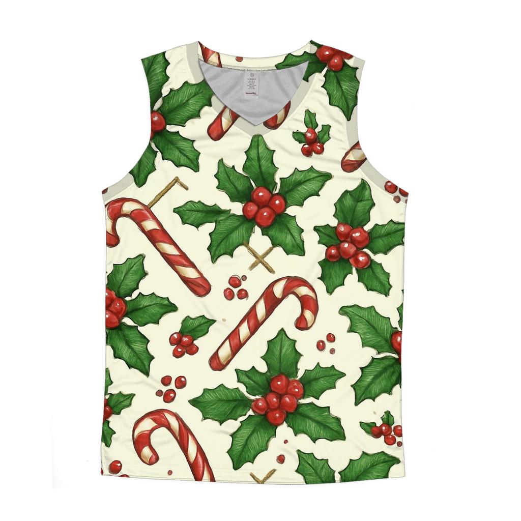 Crimson Holly And Candy Cane Lattice On Ivory Background cotton sleeveless tops