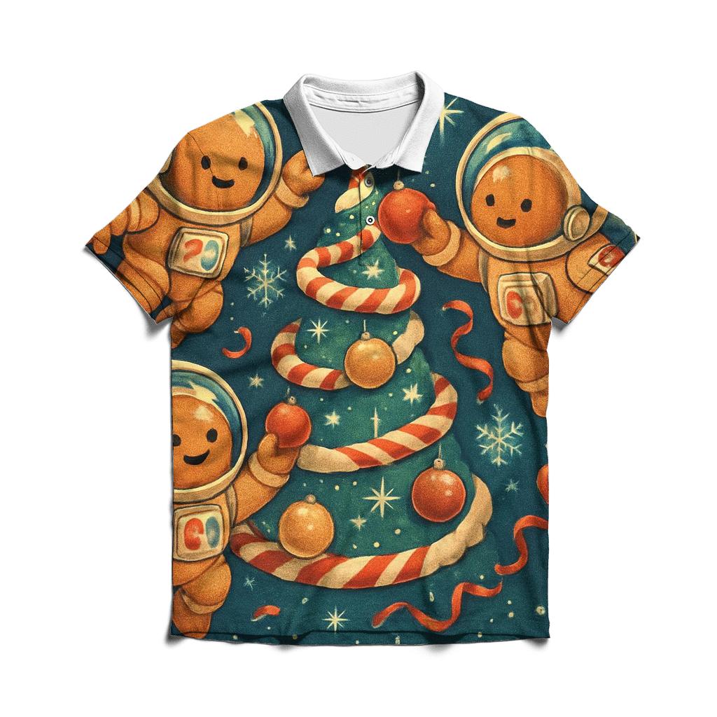 Gingerbread Astronauts Decorating A Zero Gravity Tree embroidered polo tops