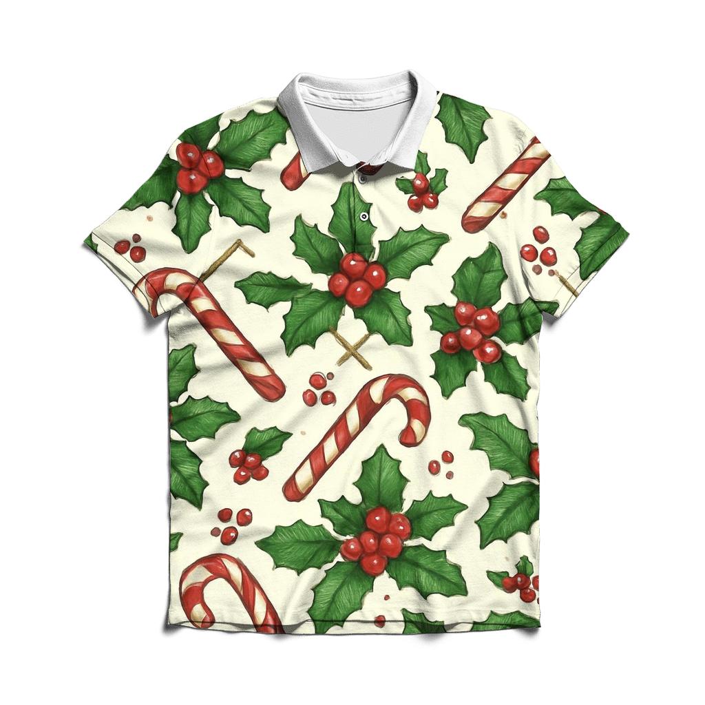 Crimson Holly And Candy Cane Lattice On Ivory Background classic pique polos