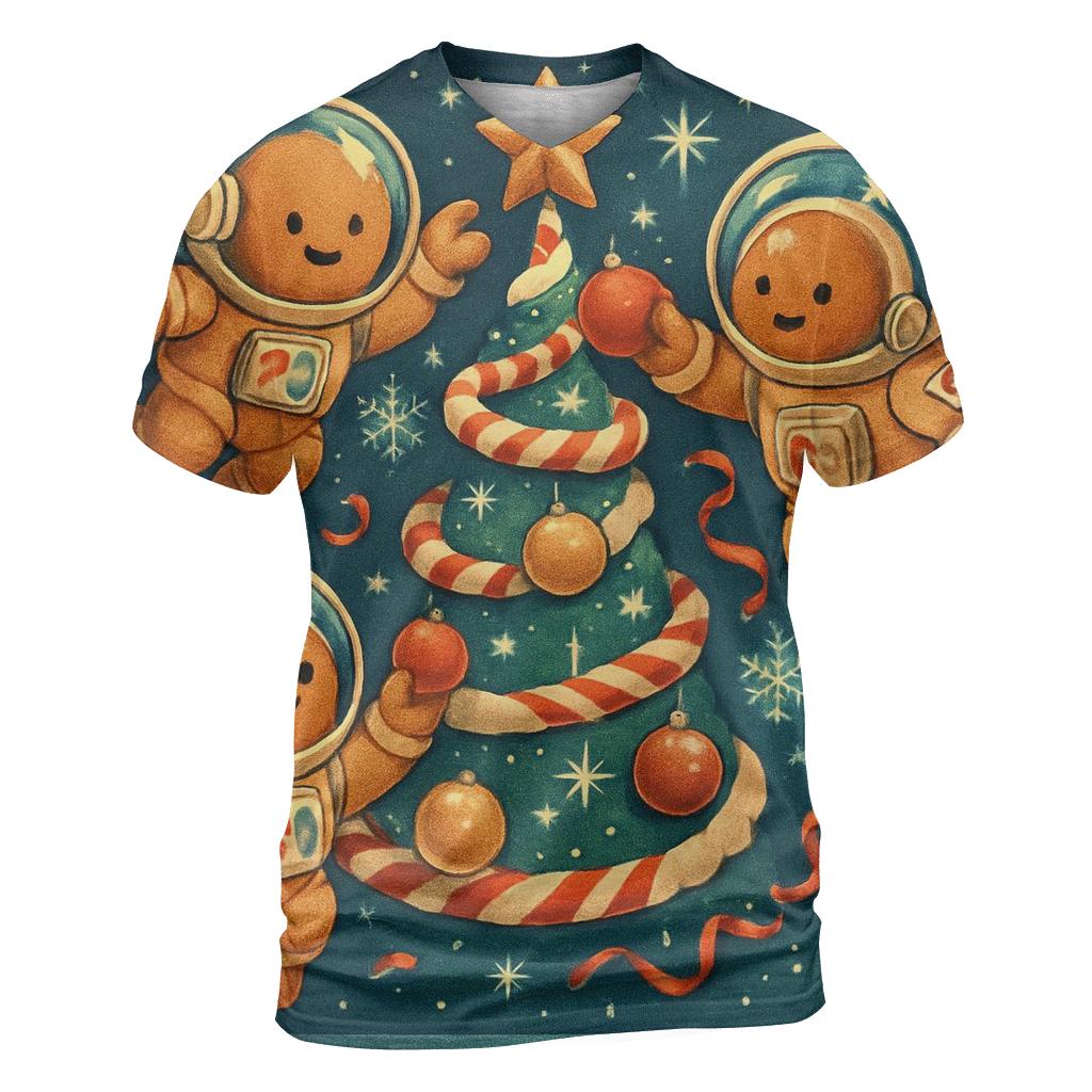 Gingerbread Astronauts Decorating A Zero Gravity Tree vibrant all-over design tees