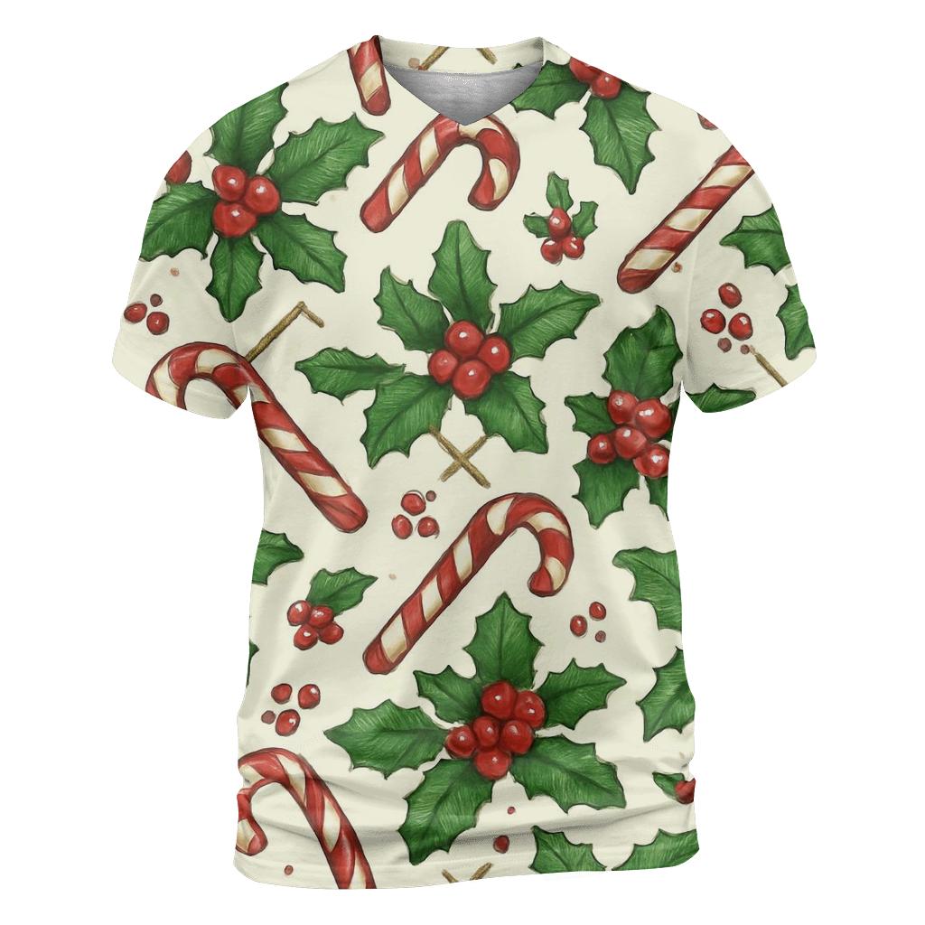 Crimson Holly And Candy Cane Lattice On Ivory Background creative print fashion shirts