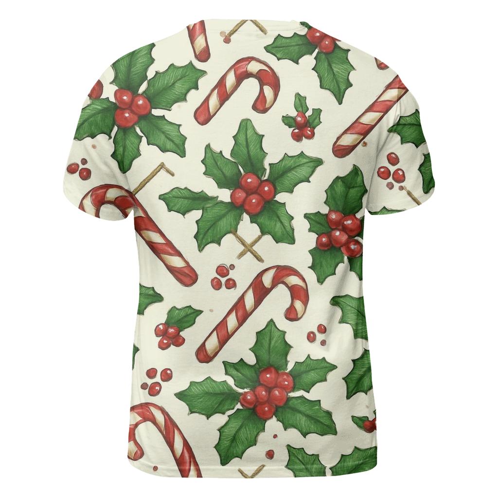 Crimson Holly And Candy Cane Lattice On Ivory Background creative print fashion shirts
