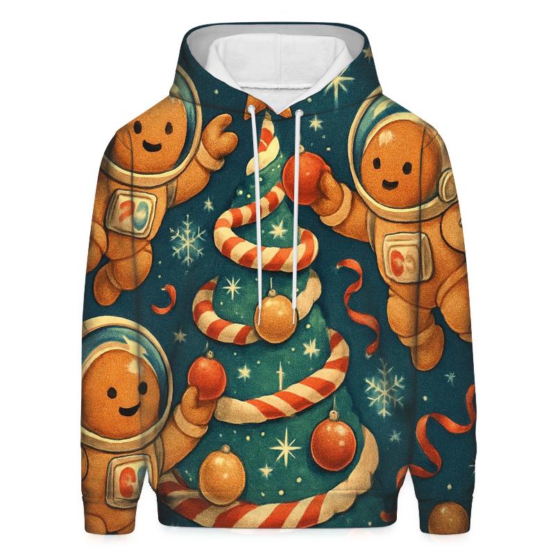 Gingerbread Astronauts Decorating A Zero Gravity Tree embroidered hoodies