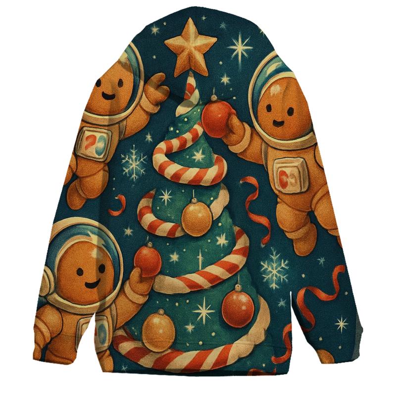 Gingerbread Astronauts Decorating A Zero Gravity Tree embroidered hoodies