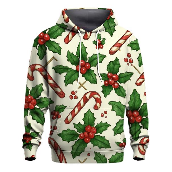 Crimson Holly And Candy Cane Lattice On Ivory Background embroidered hoodies