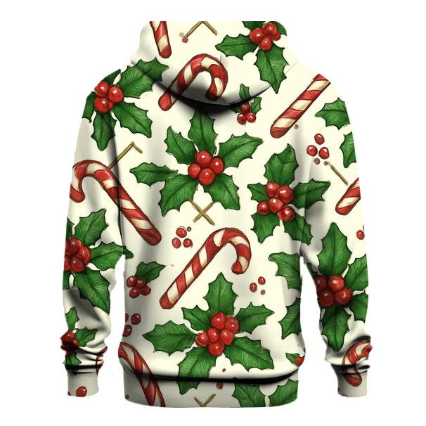 Crimson Holly And Candy Cane Lattice On Ivory Background embroidered hoodies