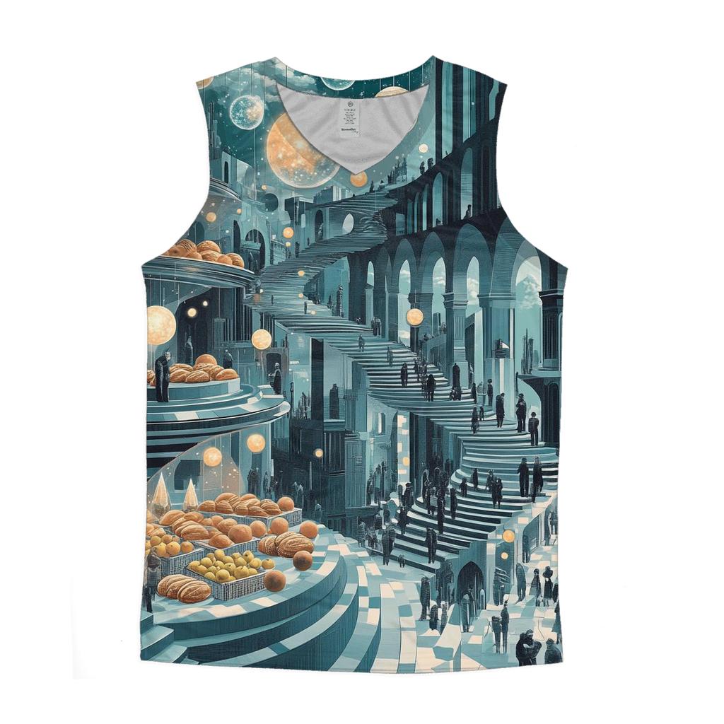M C Escher Inspired Solar System Market Stairways graphic print tank tops