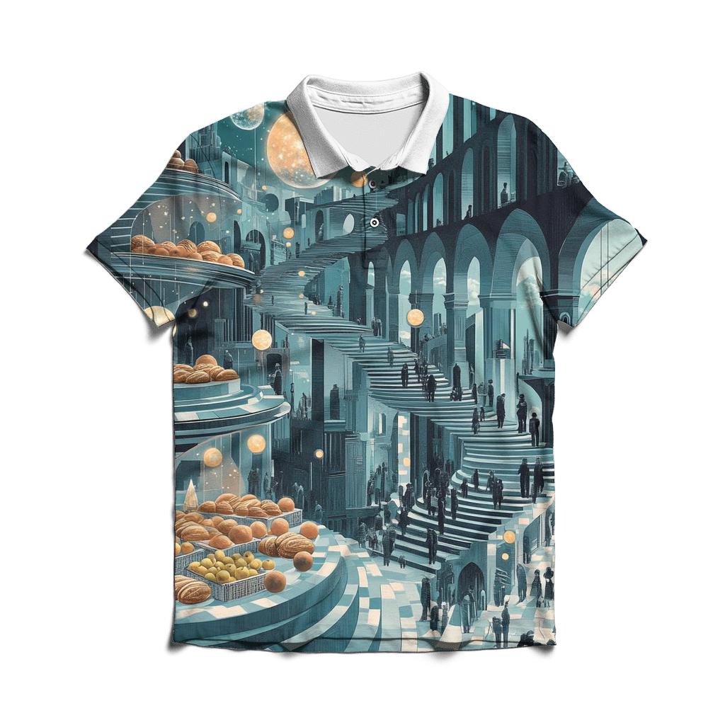 M C Escher Inspired Solar System Market Stairways designer slim fit polos