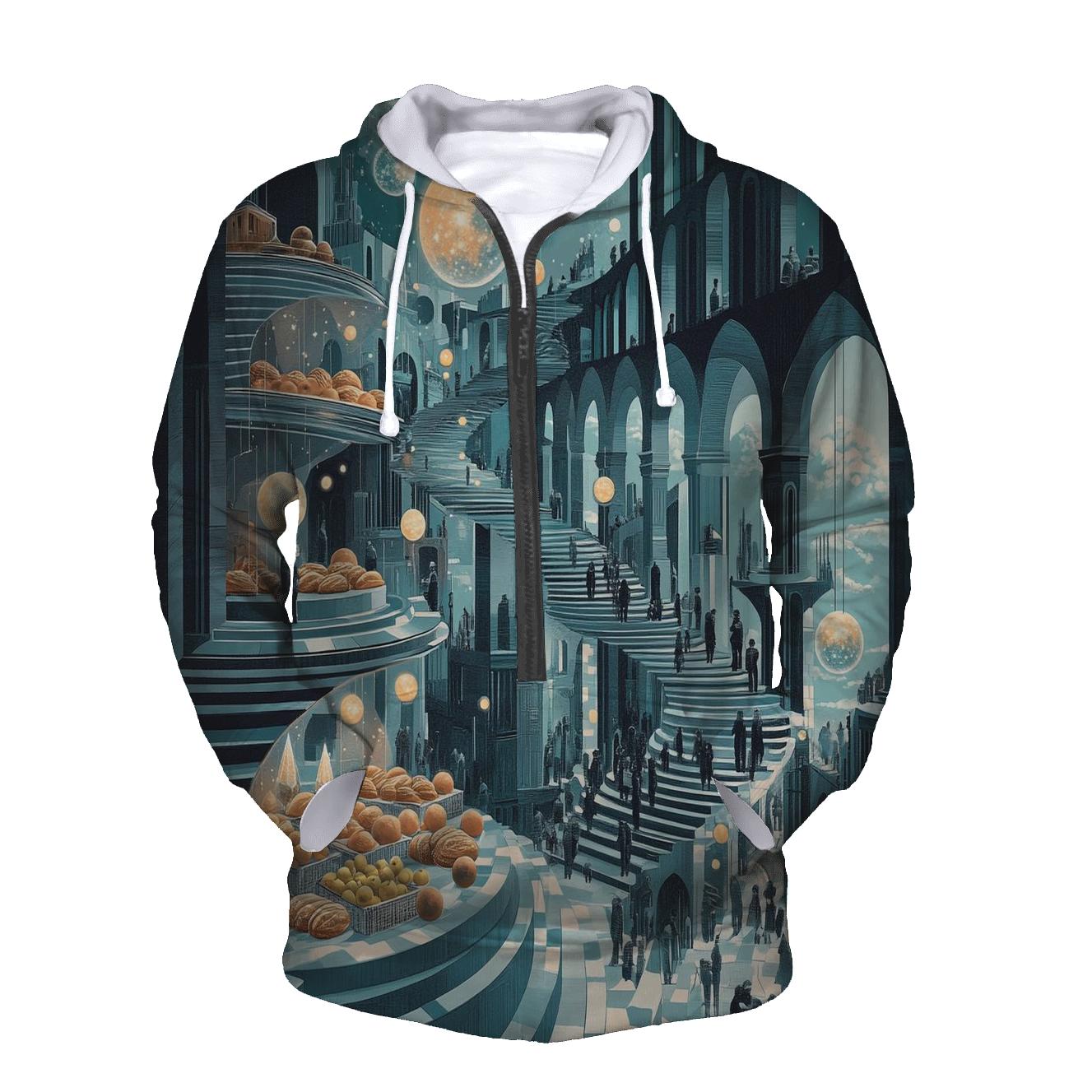 M C Escher Inspired Solar System Market Stairways printed hoodies