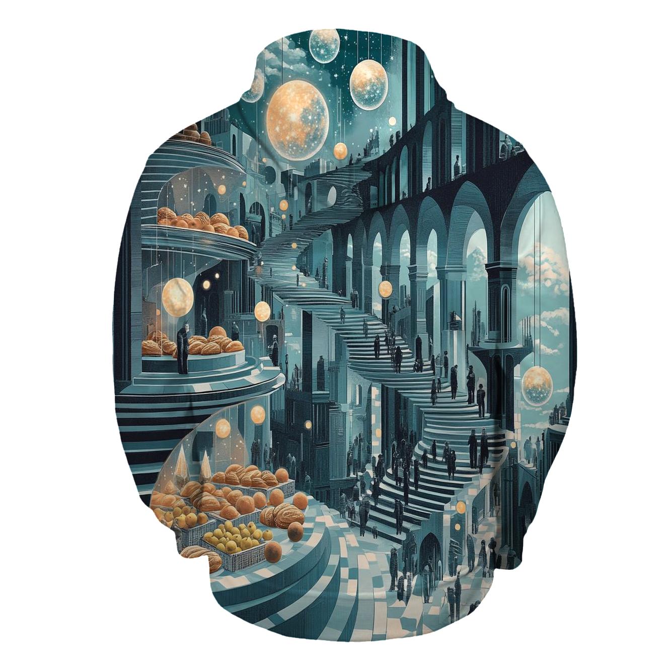 M C Escher Inspired Solar System Market Stairways printed hoodies