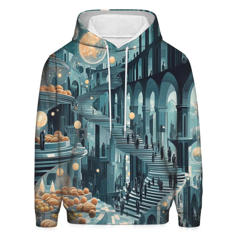 M C Escher Inspired Solar System Market Stairways printed hoodies