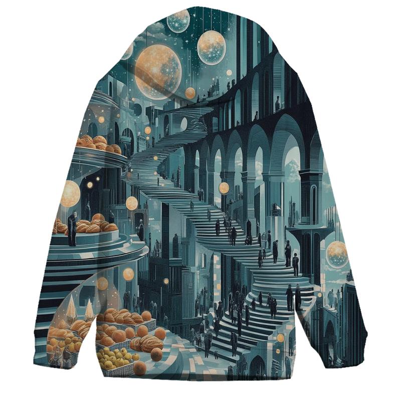 M C Escher Inspired Solar System Market Stairways printed hoodies