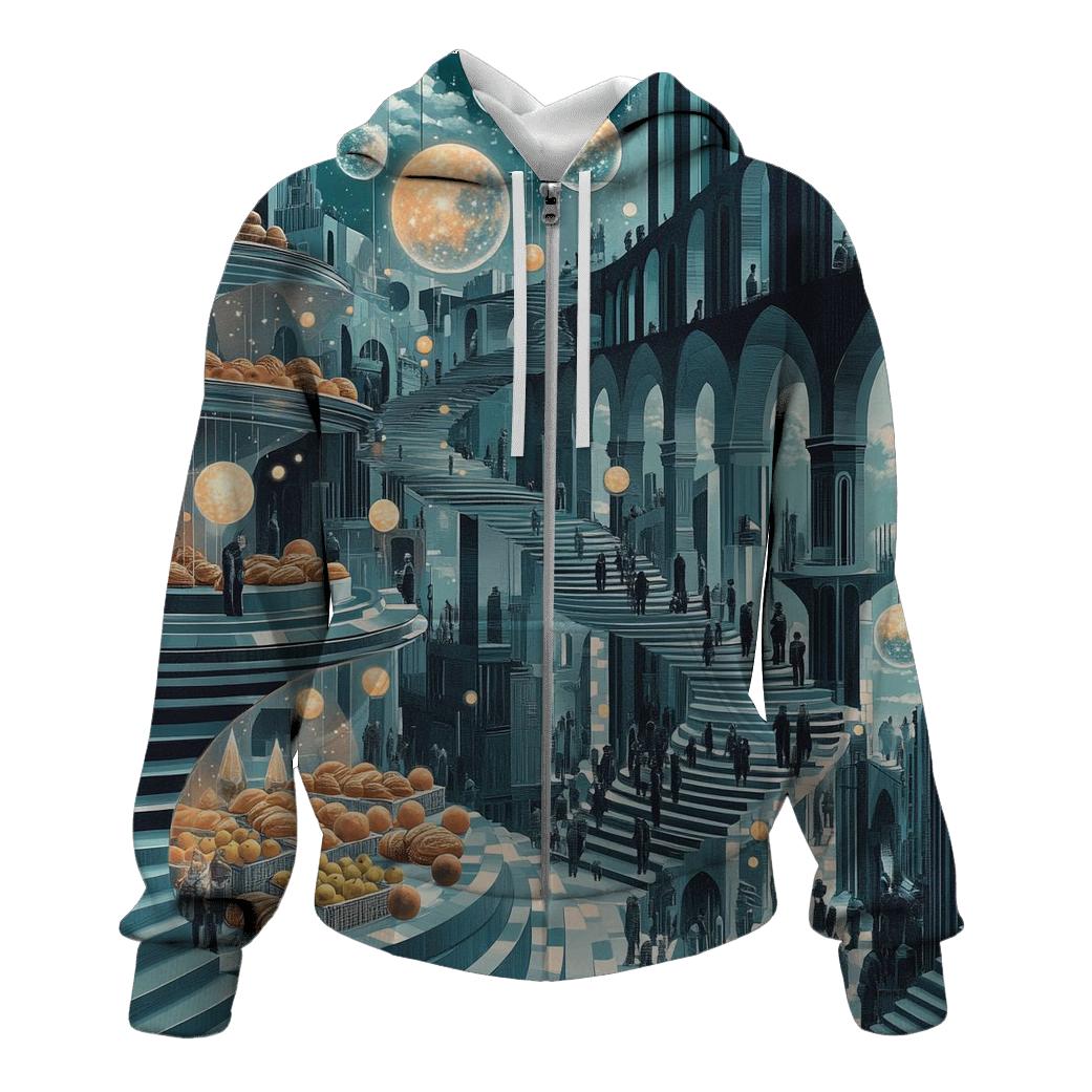 M C Escher Inspired Solar System Market Stairways graphic hoodies