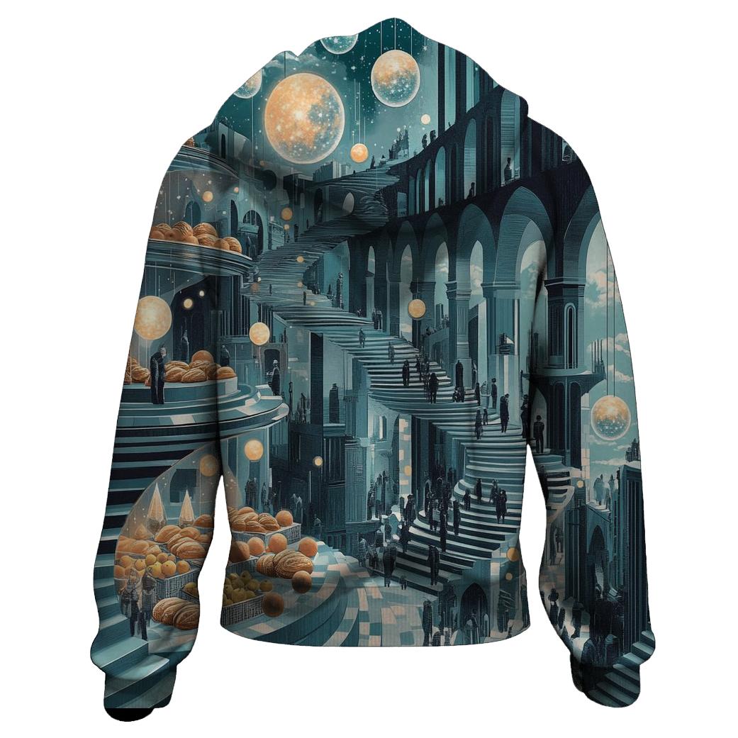M C Escher Inspired Solar System Market Stairways graphic hoodies