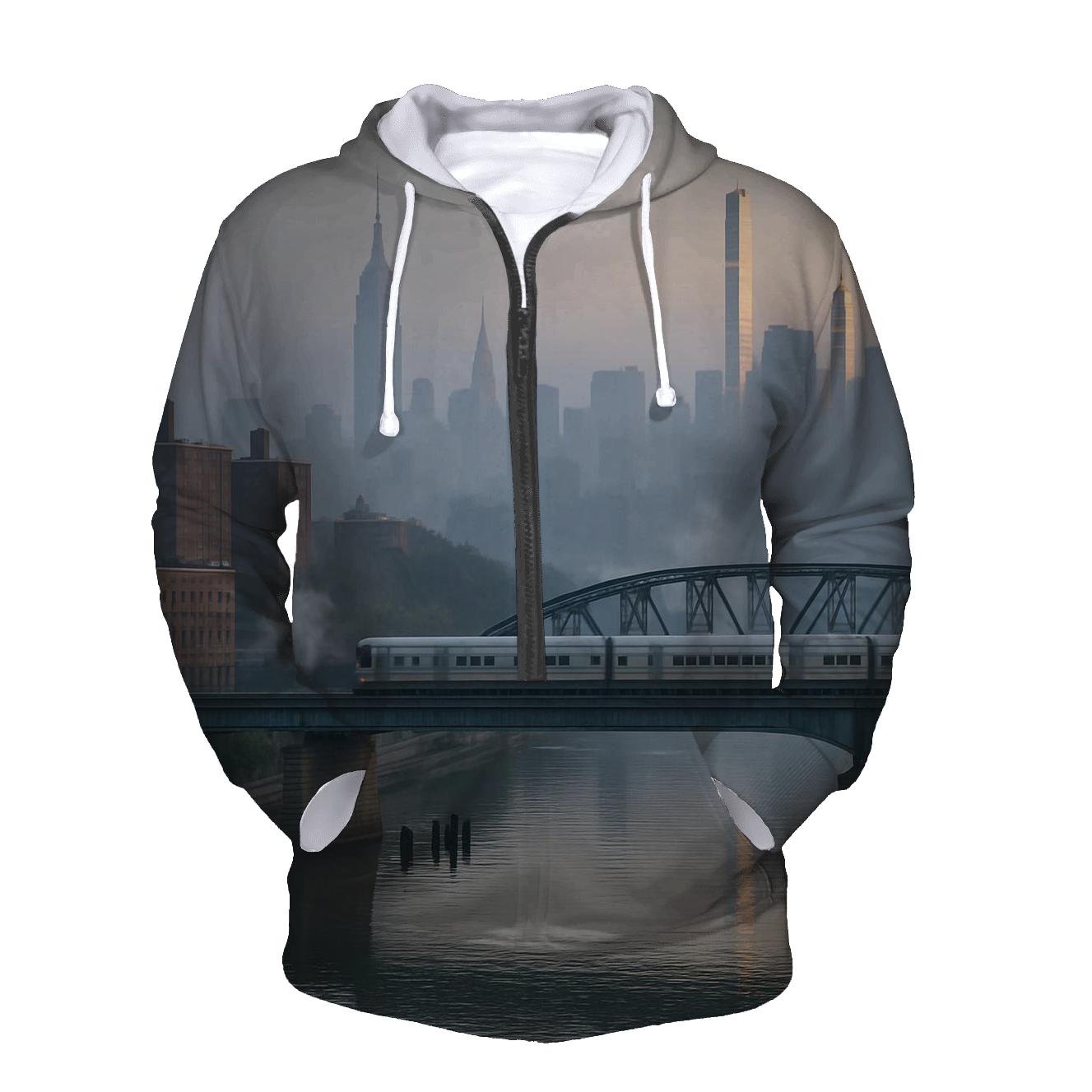 Harlem River Mist Over The Manhattan Skyline lightweight hoodies