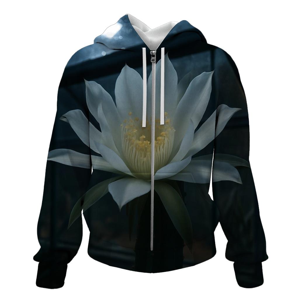 Night Blooming Cereus Opening In A Desert Greenhouse zip-up hoodies