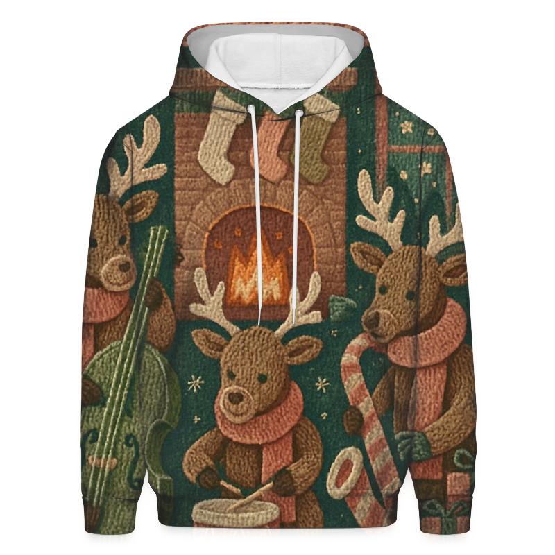 Woolly Reindeer Jazz Trio By The Fireplace printed hoodies