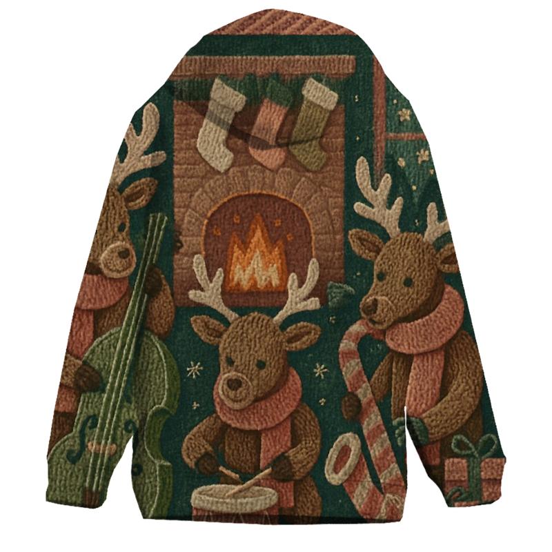 Woolly Reindeer Jazz Trio By The Fireplace printed hoodies