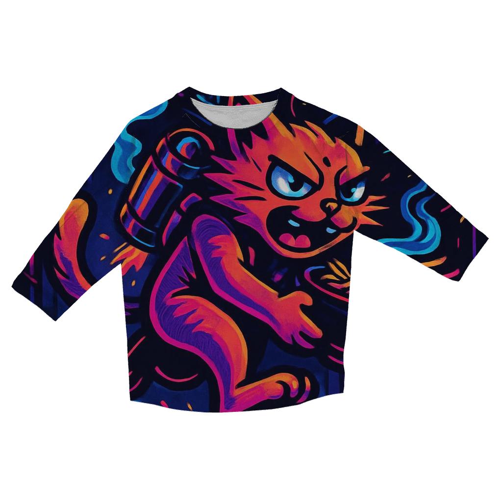 Neon Ramen Alley Jetpack Cat printed three quarter sleeve shirts