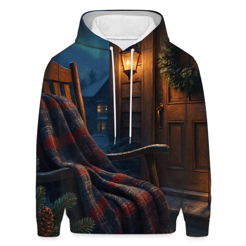 Evergreen Wreaths And Northern Lights Over The Snowy Porch graphic hoodies