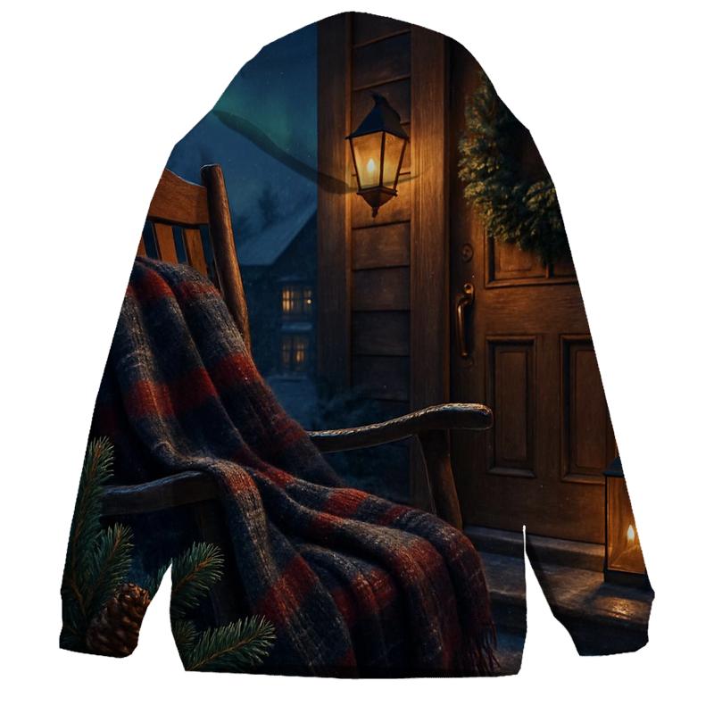 Evergreen Wreaths And Northern Lights Over The Snowy Porch graphic hoodies