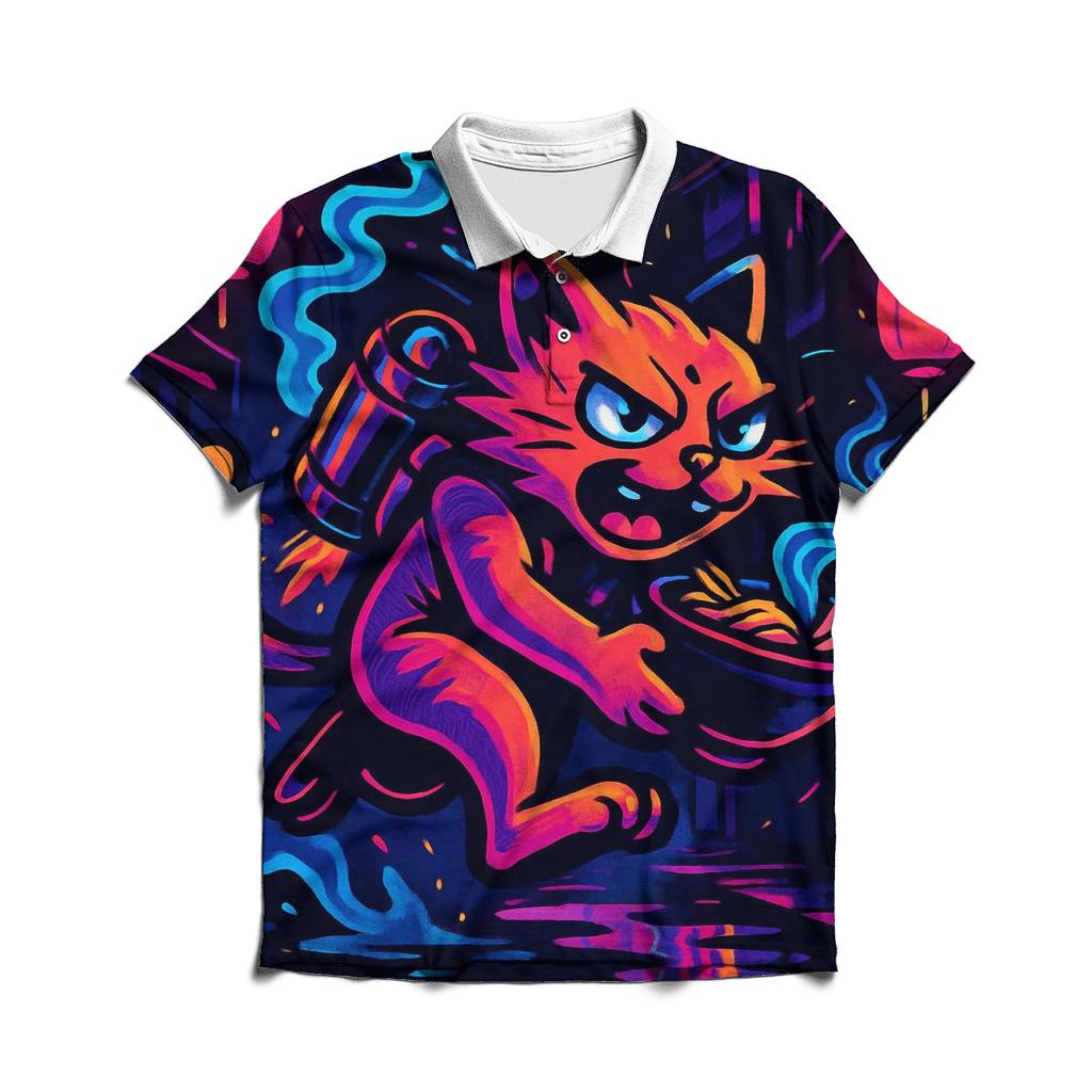 Neon Ramen Alley Jetpack Cat embroidered polo tops