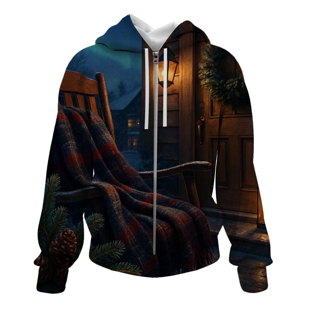 Evergreen Wreaths And Northern Lights Over The Snowy Porch embroidered hoodies