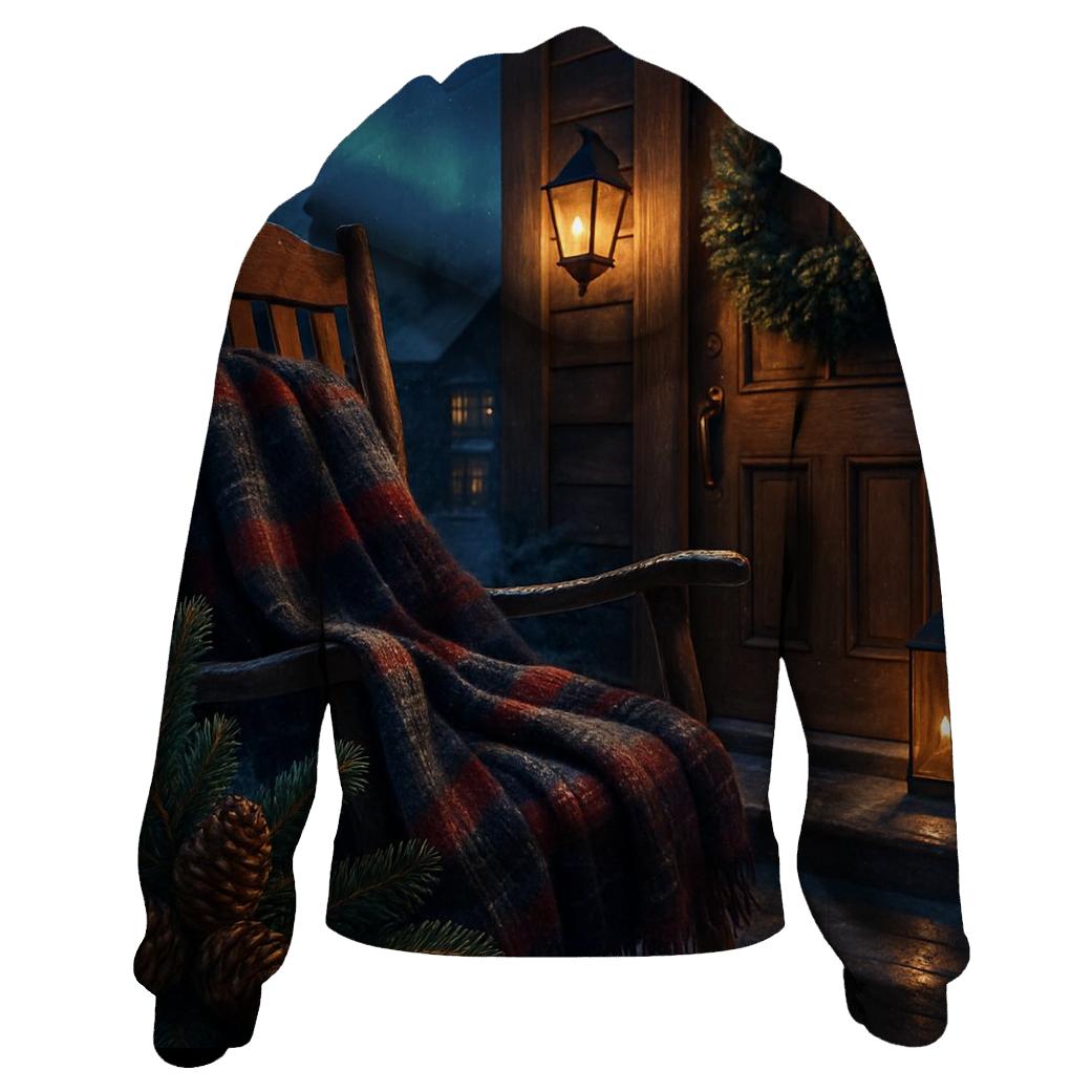 Evergreen Wreaths And Northern Lights Over The Snowy Porch embroidered hoodies