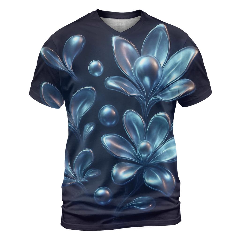 Chrome Bloom Gravity Garden artistic all-over print tops