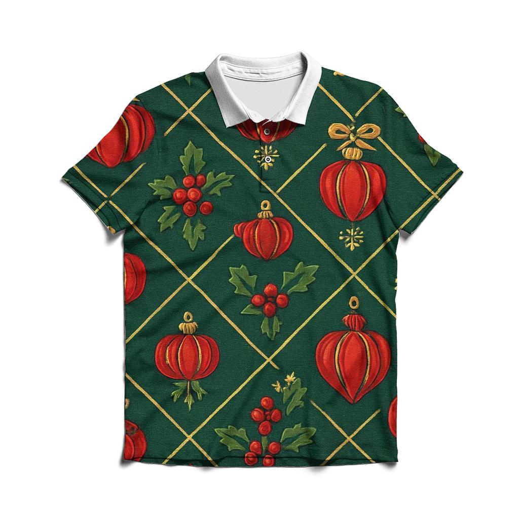 Crimson Pumpkin Ornament Lattice On Pine Green Background classic pique polos
