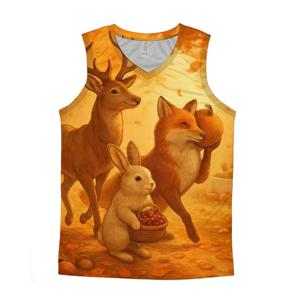 Woodland Harvest Parade Under Golden Hour Rays graphic print tank tops