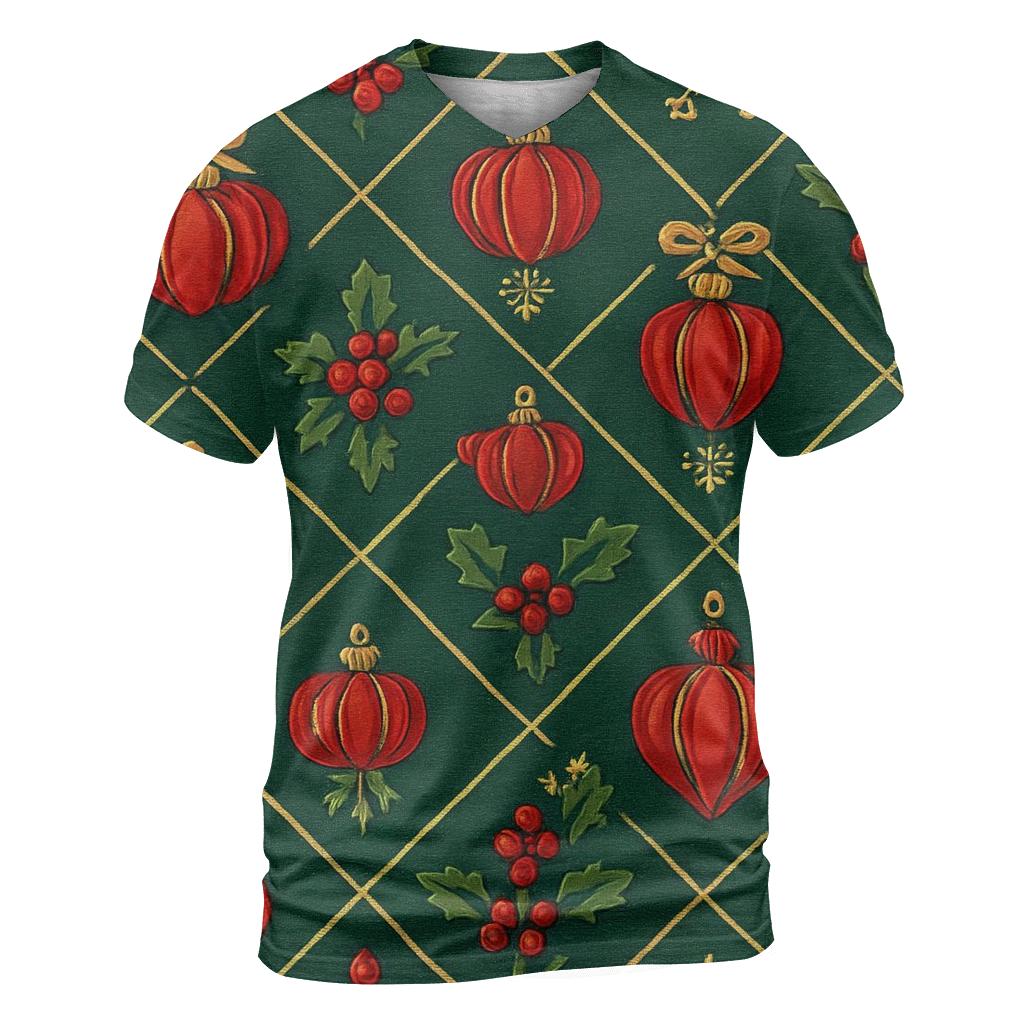 Crimson Pumpkin Ornament Lattice On Pine Green Background artistic all-over print tops