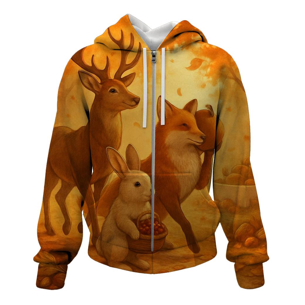 Woodland Harvest Parade Under Golden Hour Rays embroidered hoodies