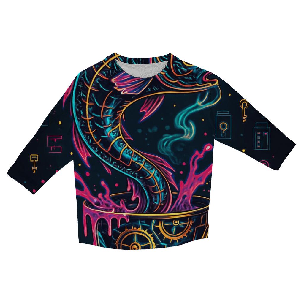 Neon Carp In A Clockwork Teacup printed three quarter sleeve shirts