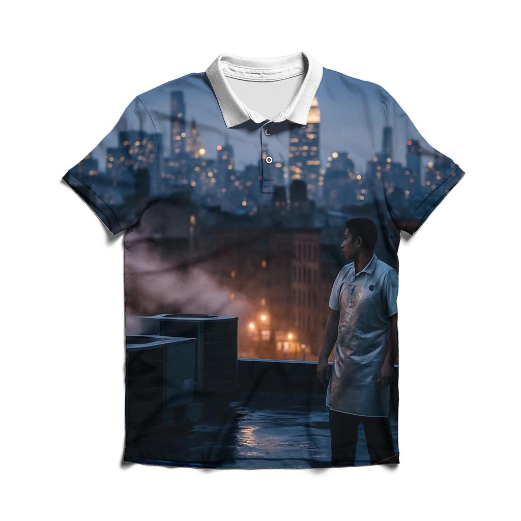 Chinatown Rooftop Steam And Midtown Silhouette After Summer Rain premium cotton polo shirts