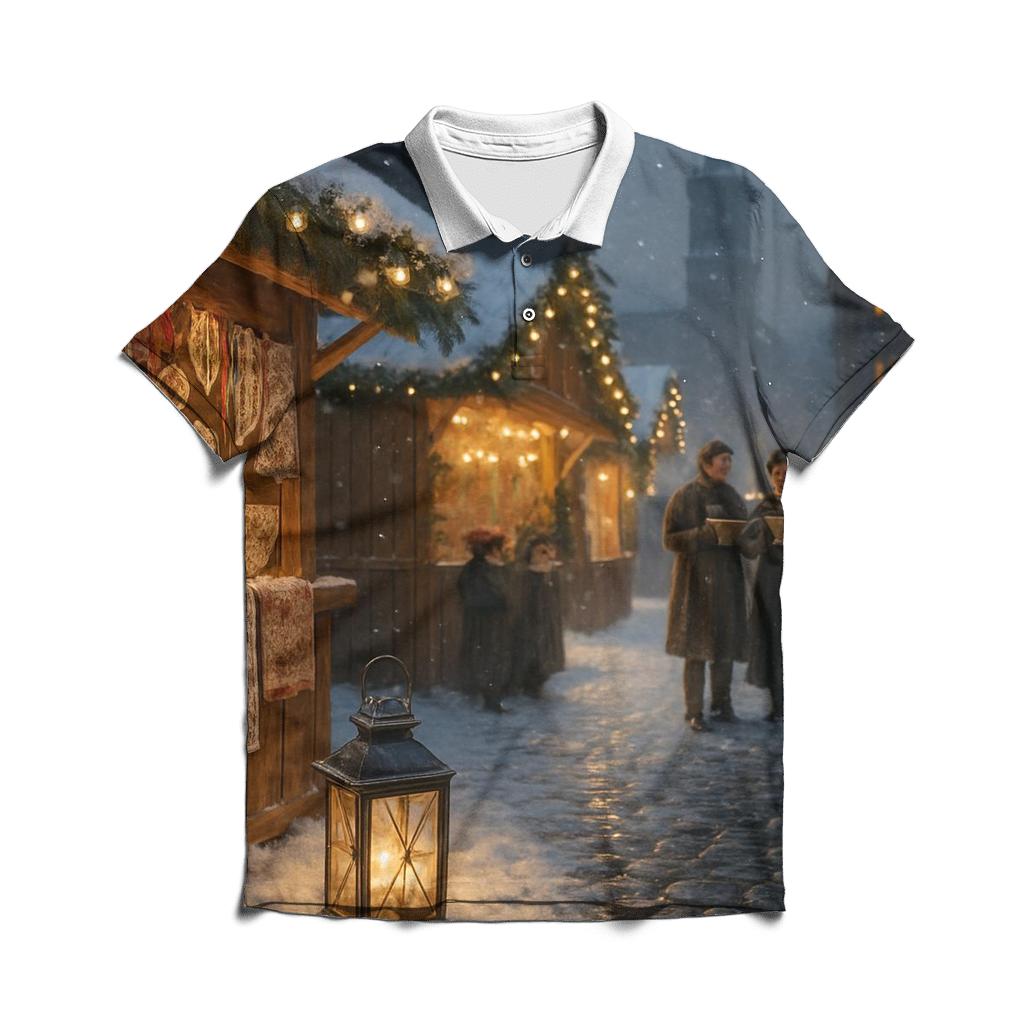 Snowy Market Under A Quiet Northern Glow embroidered polo tops
