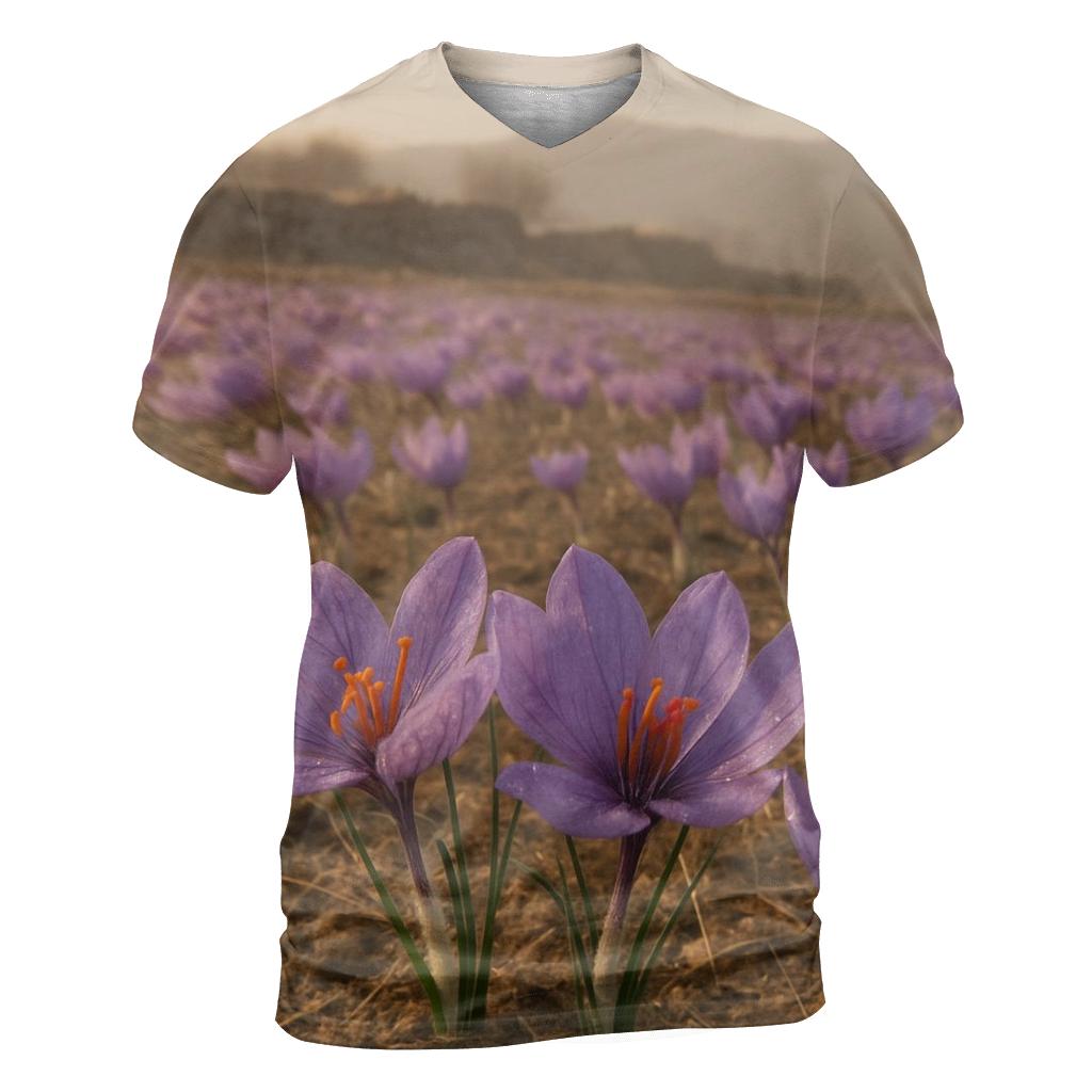 Saffron Crocus Harvest On A Misty Plateau artistic all-over print tops