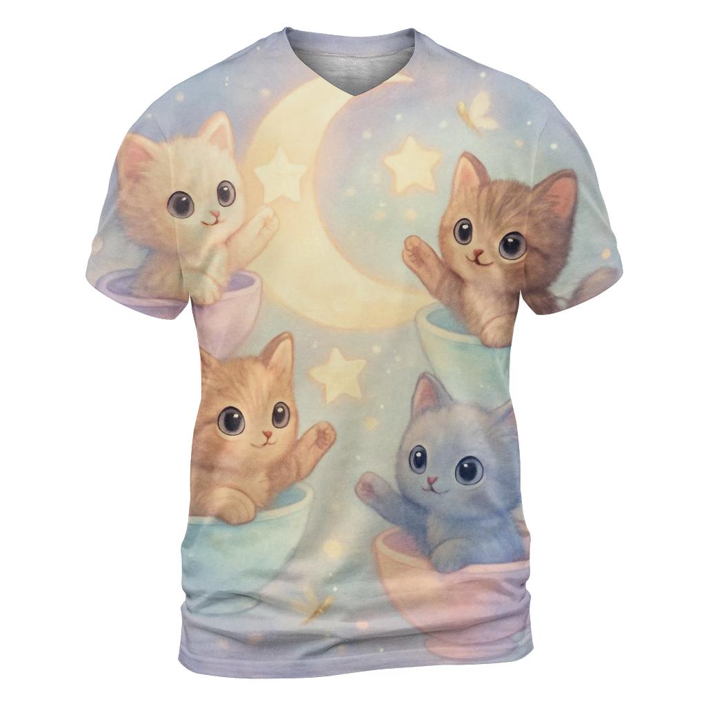 Moonlit Teacup Kitten Carousel vibrant all-over design tees