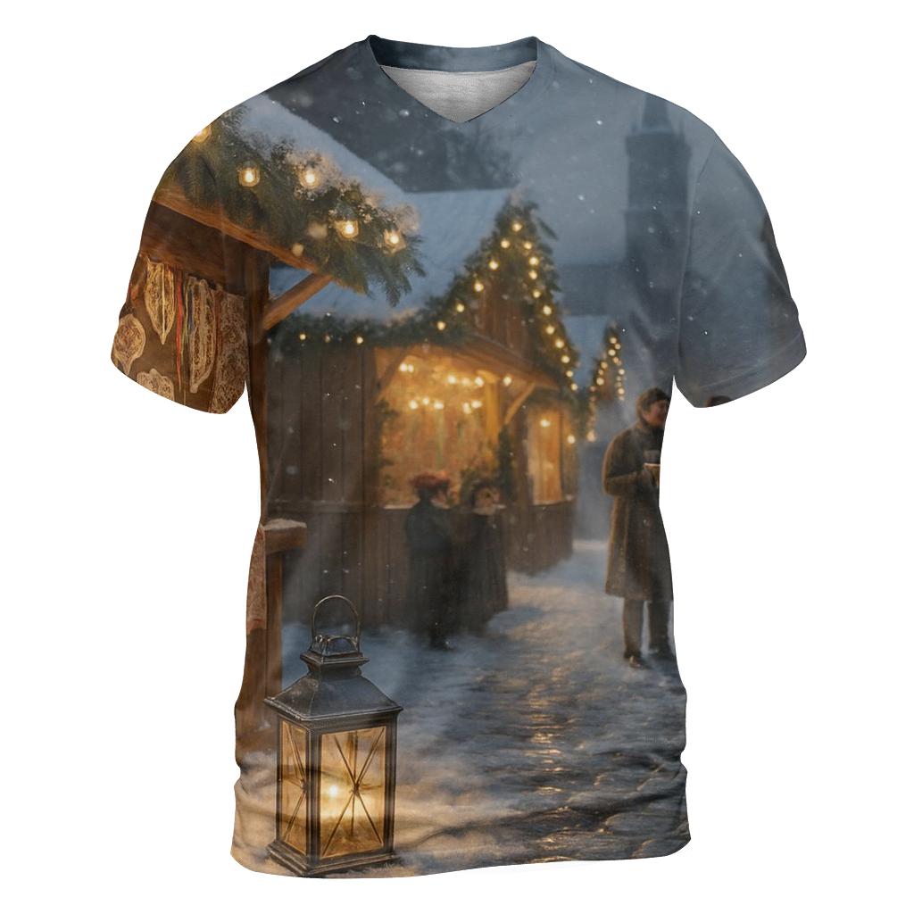 Snowy Market Under A Quiet Northern Glow unique graphic print tees